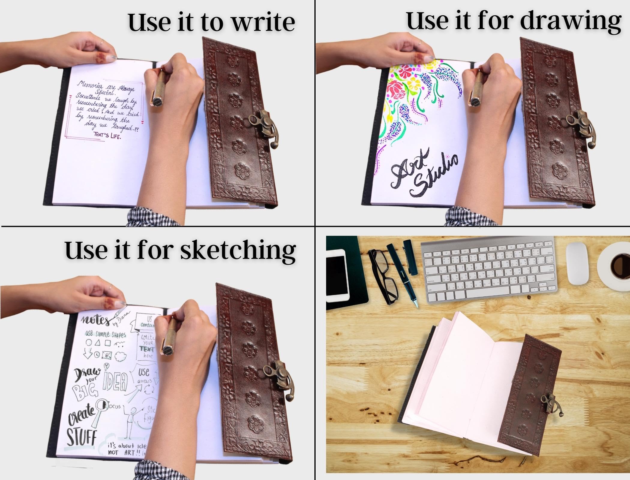 Genuine Leather Bound Journal Grimoire Cross Embossed Notepad Brown Notebook
